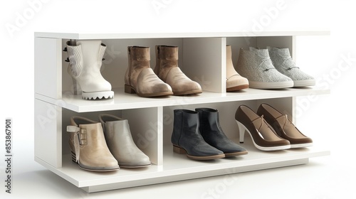 A white shoe rack with six shelves