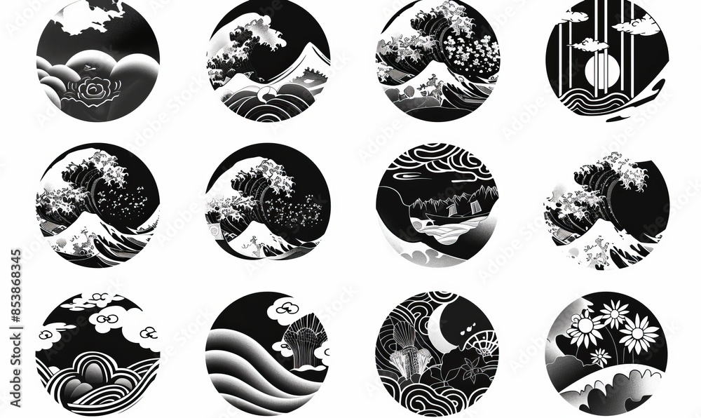 Round Japanese emblem and symbol modern illustration. Water sea ocean wave, Chinese cloud and wind, sakura, textiles, porcelain, traditional vintage style. Round Japanese emblem and symbol modern illustration. Water sea ocean wave, Chinese cloud and wind, sakura, textiles, porcelain, traditional vintage style.