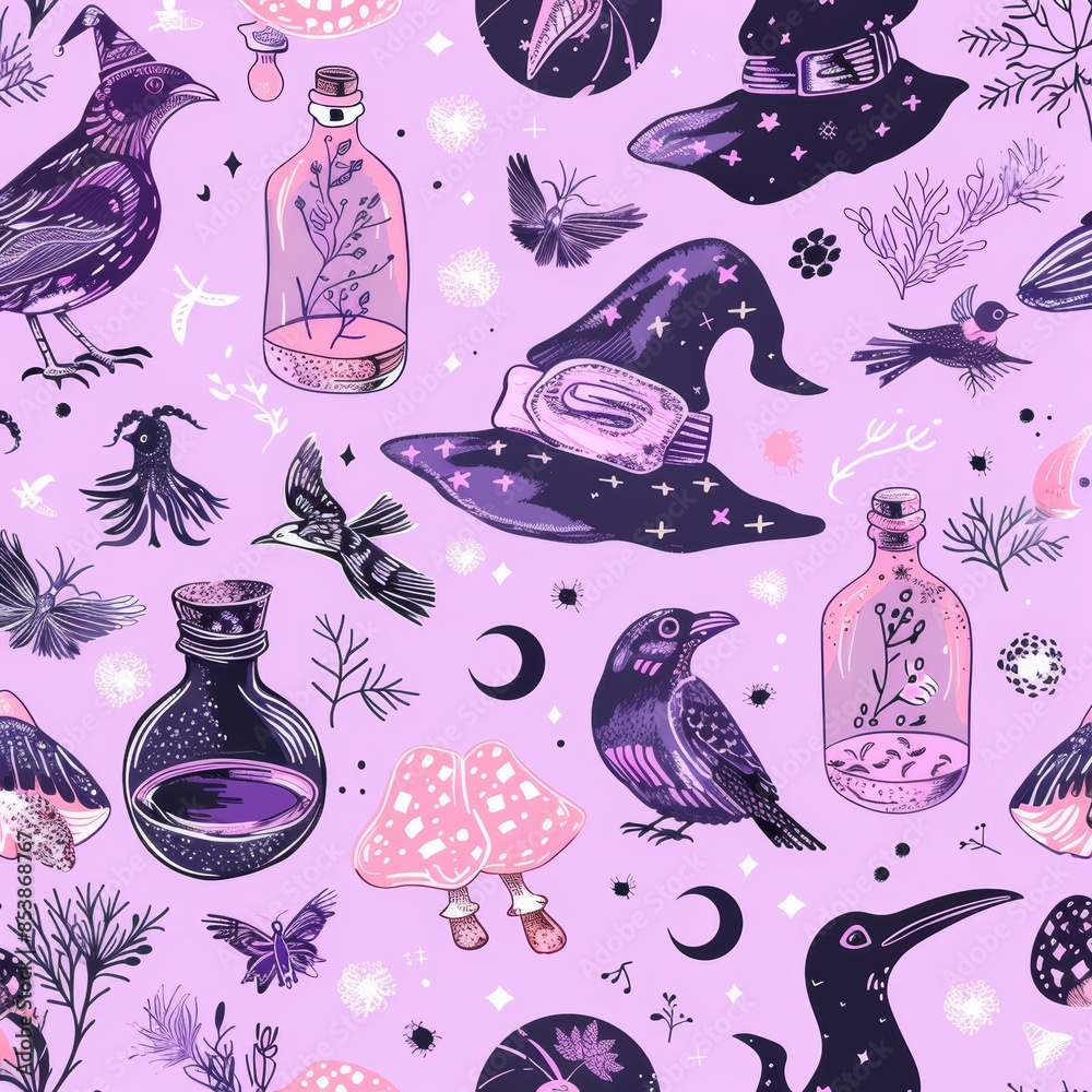 The magic seamless pattern consists of witchcraft and witch amulets ...