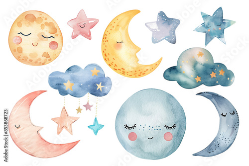 Set of watercolor moon and stars. Delicate, magic childish decoration. Fairy illustration, pastel color.