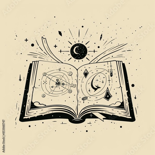 An ancient book with magic spells isolated on a modern background. An ancient paper with occult symbols and celestial symbols. A hand drawn witch library.