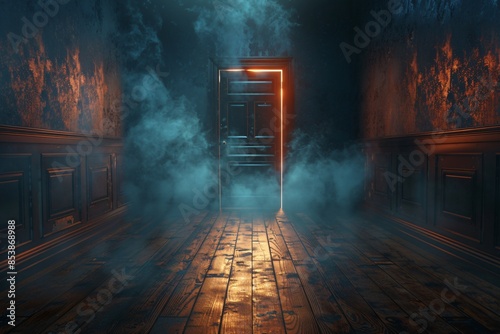 A door in dimly lit room emitting smoke photo