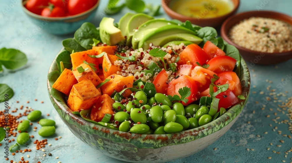 A vibrant and colorful bowl of salad featuring sweet potato cubes, avocado slices A vibrant and colorful bowl of salad featuring sweet potato cubes, avocado slices