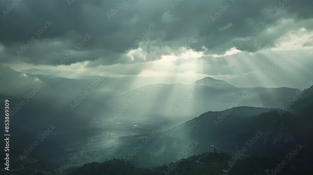 Dramatic Mountain Landscape with Moody Stormy Sky and Sunbeams