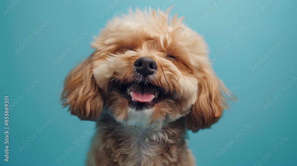 A cute dog smiles with its eyes closed against a pastel blue background in a studio shot. A cute dog smiles with its eyes closed against a pastel blue background in a studio shot.