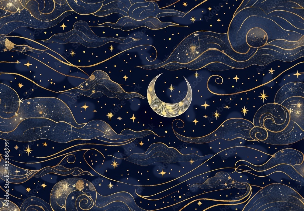 Sky seamless pattern with a human face on a crescent moon. Linear illustrations. Heavenly illustrations for modern decor. Sky seamless pattern with a human face on a crescent moon. Linear illustrations. Heavenly illustrations for modern decor.