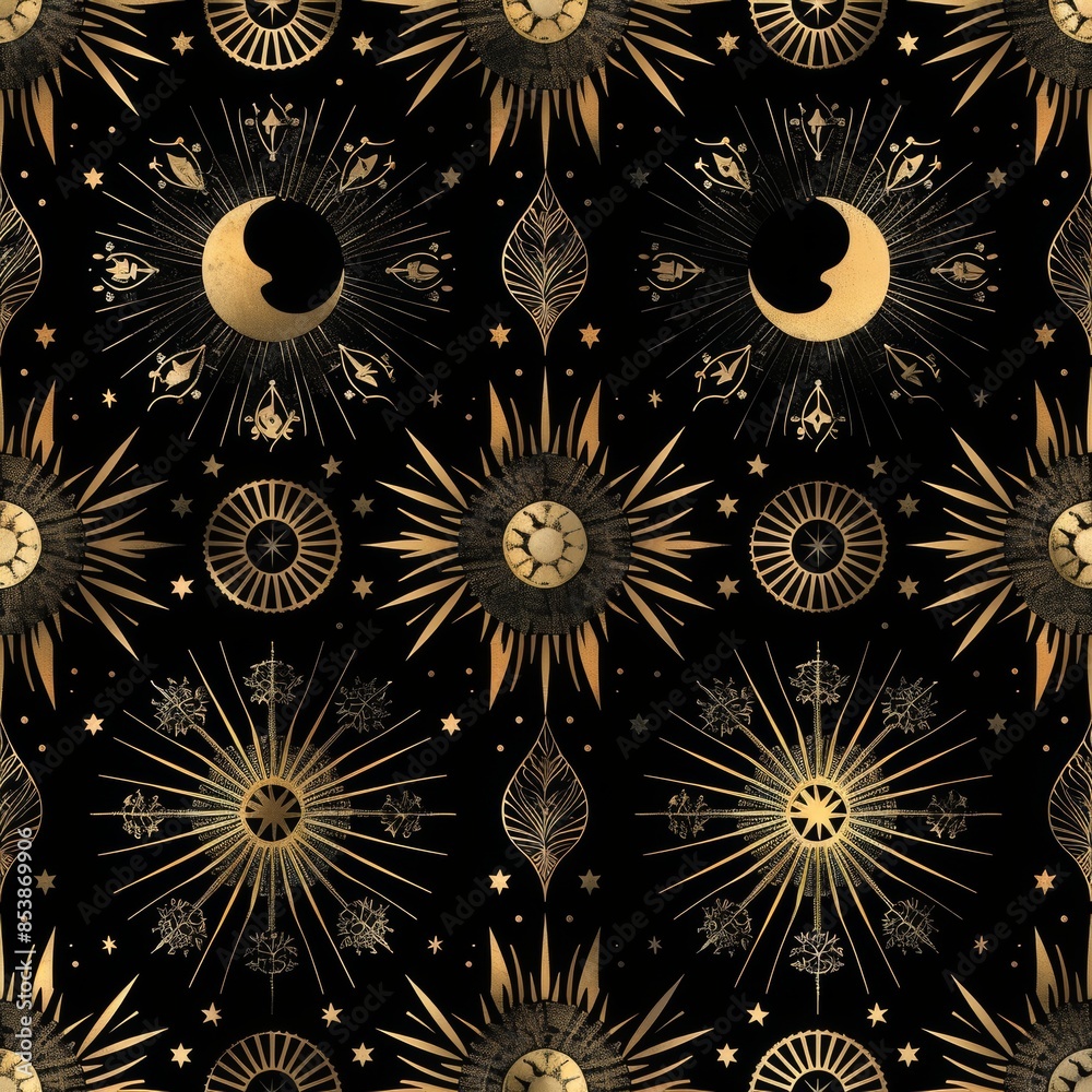 Symbols of the crescent and stars in gold seamless pattern and boho astrology. Symbols of the crescent and stars in gold seamless pattern and boho astrology.