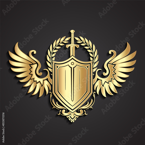 3d heraldry logo winged shield with sword and laurel wreath, gold ornamental sign