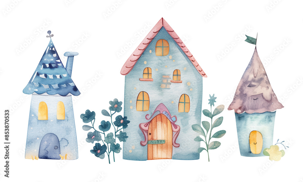 Fototapeta premium Fairy watercolor houses. Set of scandinavian childish houses. Cute watercolor illustration