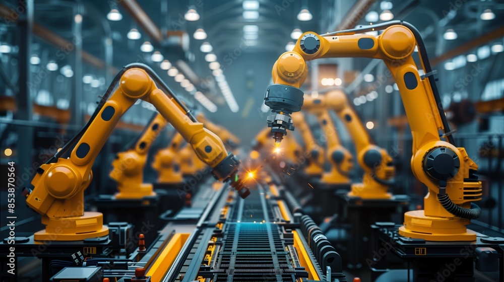 The robot works on the production line The robot works on the production line