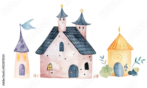 Cute watercolor castle. Fairy houses. Set of scandinavian childish houses. Watercolor kingdom.