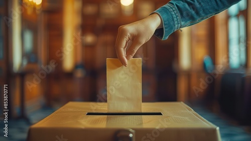 Close-up of a voter putting his ballot into a ballot box.