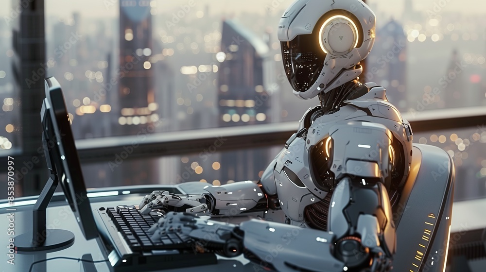 Artificial intelligence robot use computer do work in office Artificial intelligence robot use computer do work in office