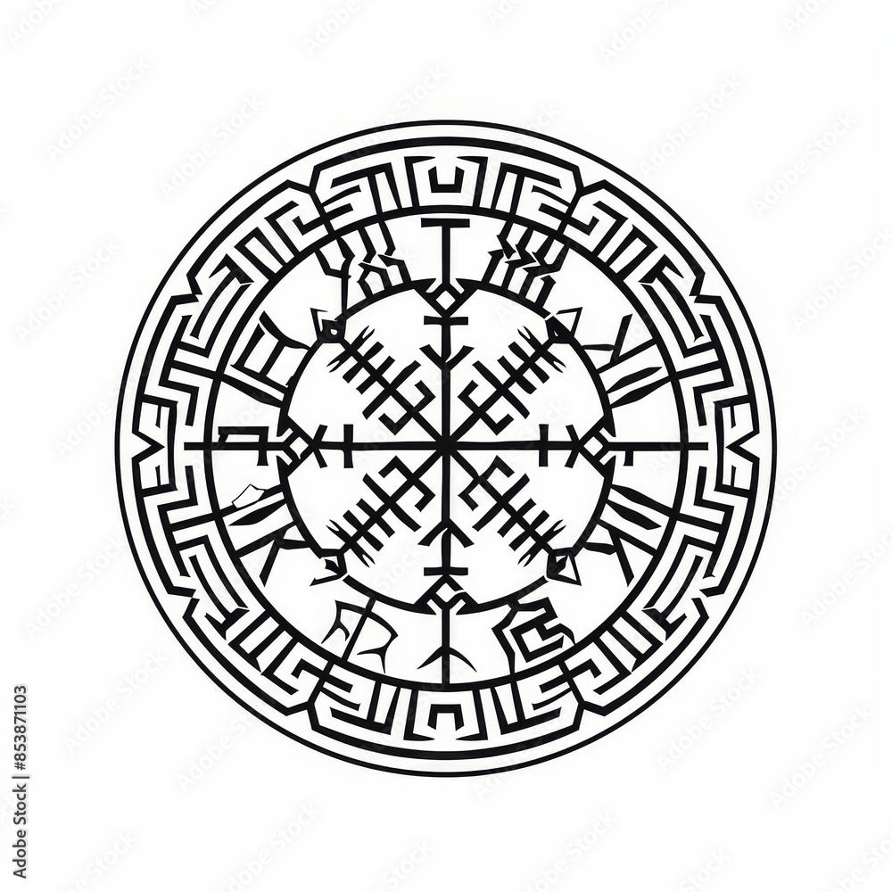 Icelandic celtic viking talisman navigation compass, occult amulet on white background with runes circled in them. Icelandic celtic viking talisman navigation compass, occult amulet on white background with runes circled in them.