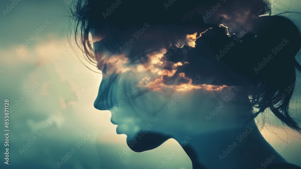 A surreal double exposure of a woman's silhouette with a cloudy sky, blending emotions, nature, and human elements for a dreamlike effect. A surreal double exposure of a woman's silhouette with a cloudy sky, blending emotions, nature, and human elements for a dreamlike effect.
