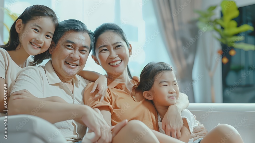 Joyful Asian Family Bonding and Relaxing Together in Living Room Joyful Asian Family Bonding and Relaxing Together in Living Room