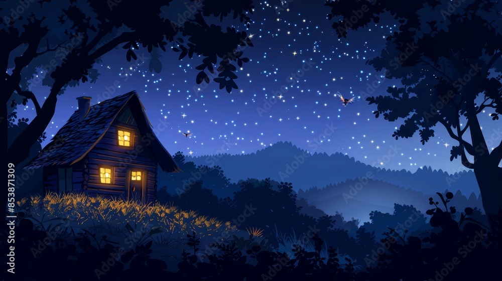 Night landscape with fireflies and mountains with a house in the night forest. Spooky and mystic small cottage exterior with a window above the starry sky. Night landscape with fireflies and mountains with a house in the night forest. Spooky and mystic small cottage exterior with a window above the starry sky.