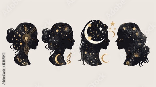 Female silhouettes decorated with crescents and stars in abstract boho style. Modern illustration.