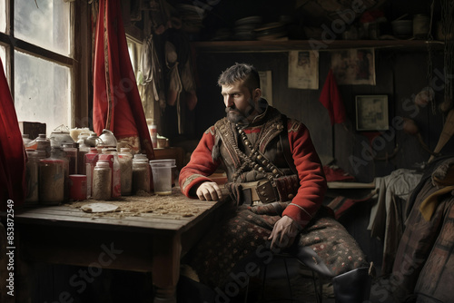 Wallpaper Mural Male hunter forester wearing traditional costume at home. Generative AI Torontodigital.ca