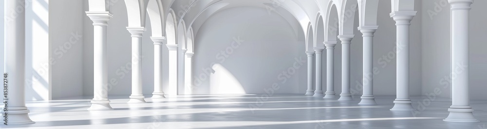 Architectural white panorama baner with columns and shadows. Abstract light background. Architectural white panorama baner with columns and shadows. Abstract light background.