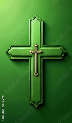 A green Christian Cross on a colorful background. AI generated. photo