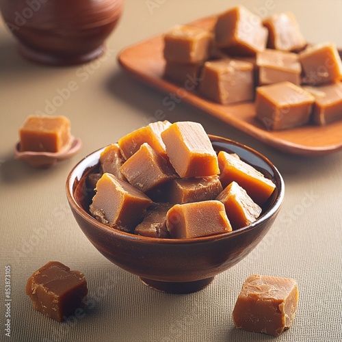 Cubes of jaggery in bowl  photo