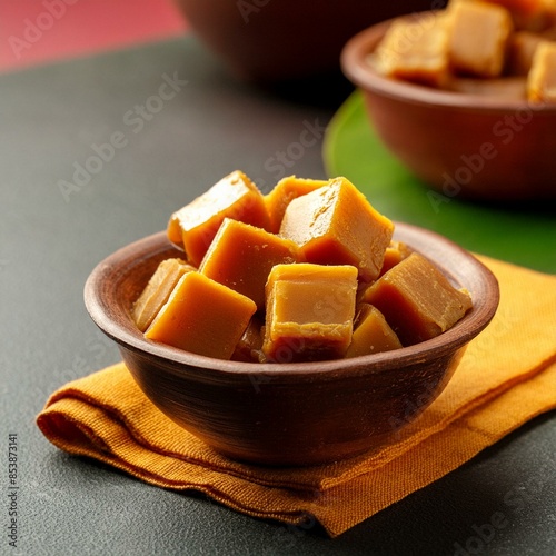 Cubes of jaggery in bowl  photo