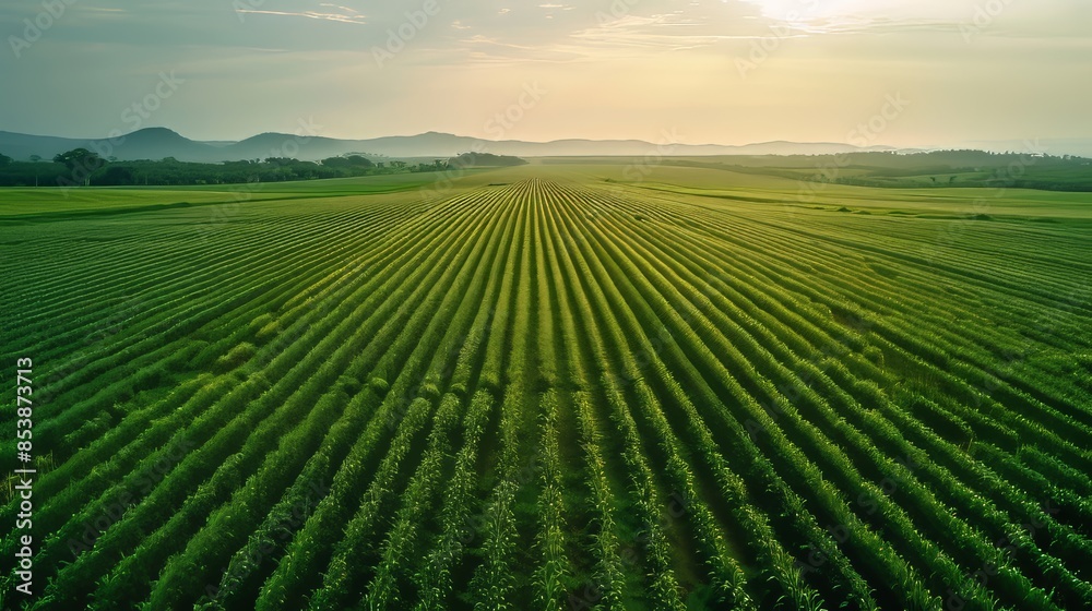 Aerial view of a vast sugarcane plantation, orderly rows stretching to the horizon, representing renewable biomass and alternative fuel sources Aerial view of a vast sugarcane plantation, orderly rows stretching to the horizon, representing renewable biomass and alternative fuel sources