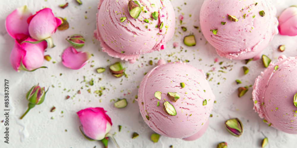 elegant rose and pistachio ice cream, an image of elegant rose and pistachio ice cream, its pale pink color with green nutty flecks against a white backdrop