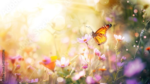 Nature abstract spring background with a butterfly and a flower