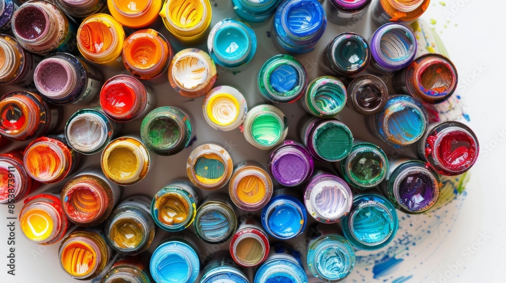 An array of paint tubes with intense colors, creatively arranged in a spiral on a white background An array of paint tubes with intense colors, creatively arranged in a spiral on a white background