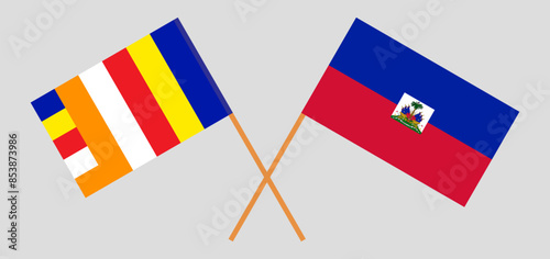 Crossed flags of Buddhism and Haiti. Official colors. Correct proportion