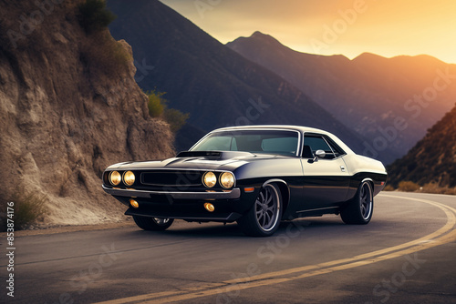 Muscle car parked on open road with scenic backdrop. Generative AI