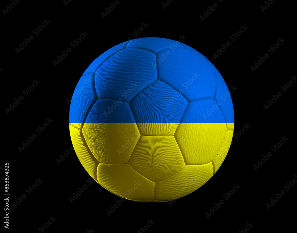 Coloured ball with Ukraine flag isolated on black background. UEFA EURO 2024 football. Coloured ball with Ukraine flag isolated on black background. UEFA EURO 2024 football.