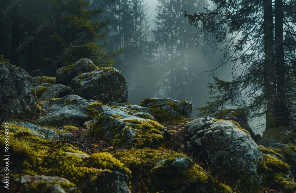 A forest of pine trees with moss growing on rocks in the wild A forest of pine trees with moss growing on rocks in the wild