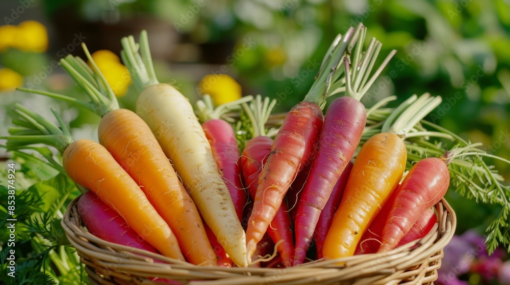 Artistic display of carrots in a basket, showcasing a spectrum of colors, set against a blurred garden background Artistic display of carrots in a basket, showcasing a spectrum of colors, set against a blurred garden background