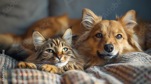 Cozy Domestic Companions - Close-Up of a Fluffy Cat and a Cute Dog Relaxing on a Plaid Blanket © Pornphan