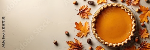 A top-down view of a delicious pumpkin pie surrounded by autumn leaves, pinecones, and acorns on a white background, perfect for Thanksgiving celebrations