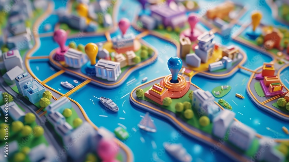 Community Mapping: A 3D vector illustration of a map with pins showing locations of community-led cultural festivals
