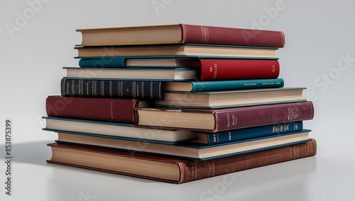 A stack of various hardcover books arranged in a pyramid shape on a plain background.