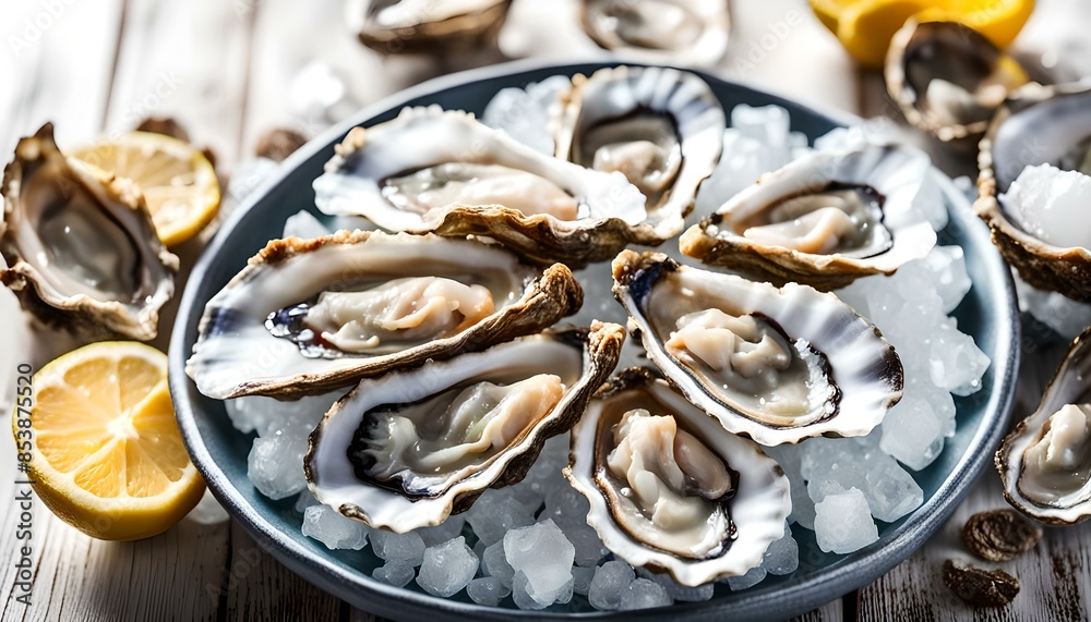 Fresh oysters on ice on a plate over white wooden background, side view. Close-up.
Fresh oysters on ice on a plate over white wooden background, side view. Close-up.