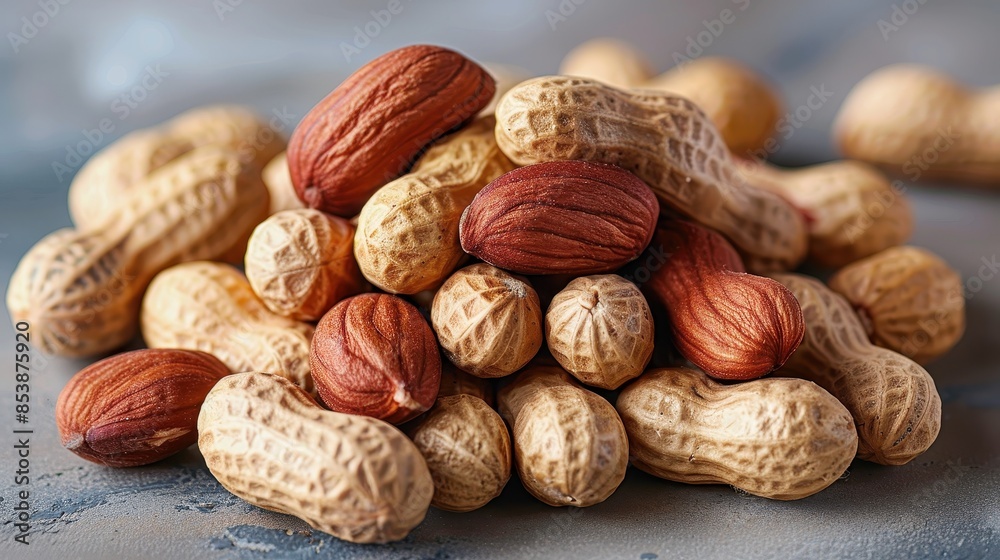 A mix of peanuts, almonds, and hazelnuts close-up on a textured surface, selective focus A mix of peanuts, almonds, and hazelnuts close-up on a textured surface, selective focus