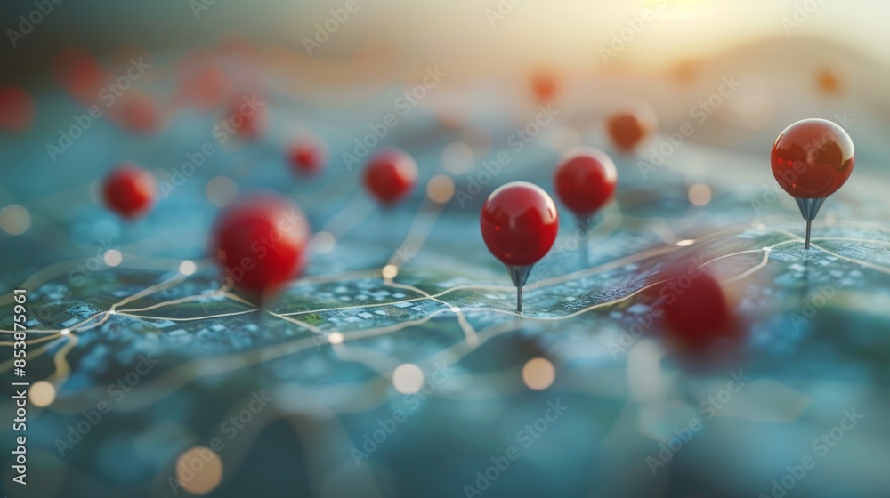 Customer Mapping: A 3D vector illustration of a map with pins for customer mapping Customer Mapping: A 3D vector illustration of a map with pins for customer mapping
