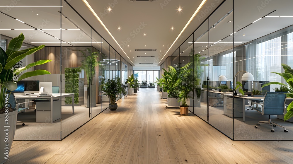 Obraz premium A modern office space with glass walls, white and blue accents, wooden flooring, green plants in planters on the wall, creating an atmosphere of bright light and professional ambiance.
