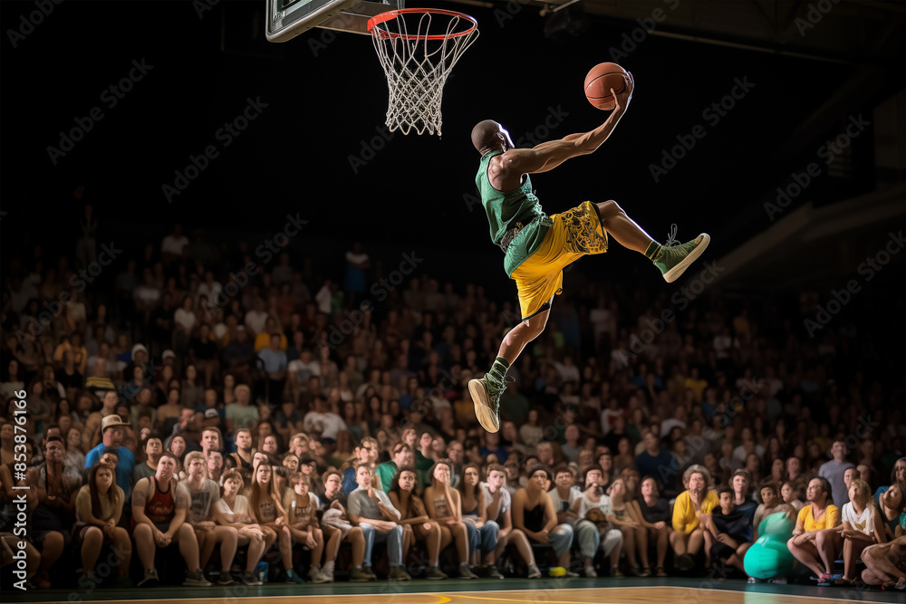 Fototapeta premium Confident basketball player soaring through the air for a slam dunk. Generative AI