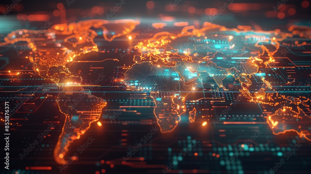 Fototapeta premium Digital World Map: A 3D vector illustration of a digital world map projection