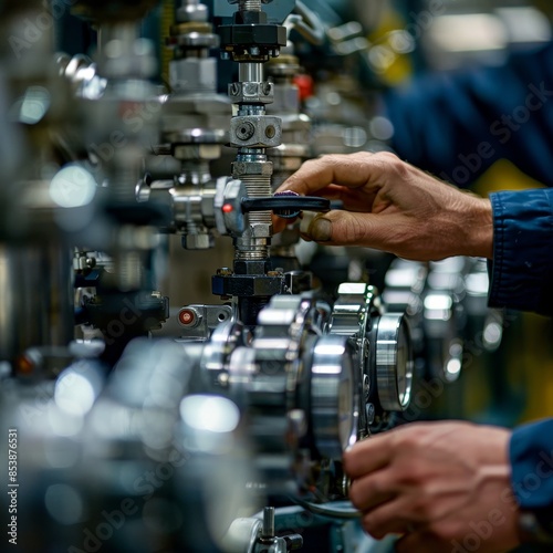 Close-up of technician's hands adjusting industrial valves, intricate controls,