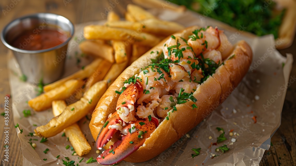 A mouthwatering lobster roll, perfectly grilled and wrapped in fresh oreganoblueel triangular bun bread with a side of golden french fries on the table. A mouthwatering lobster roll, perfectly grilled and wrapped in fresh oreganoblueel triangular bun bread with a side of golden french fries on the table.