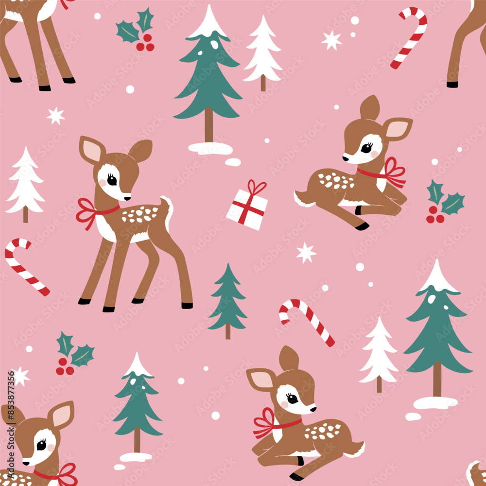 Obraz premium Seamless vector pattern with cute Christmas deer with pine trees. Perfect for textile, wallpaper or print design.
