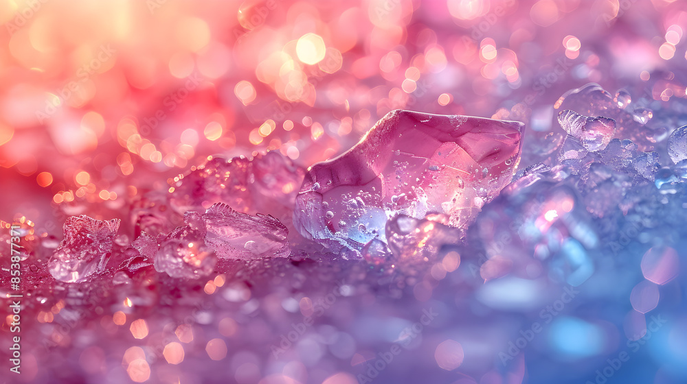 Abstract Close-Up of Colorful Ice Crystals with Bokeh Effect in Pink and Blue Lighting Abstract Close-Up of Colorful Ice Crystals with Bokeh Effect in Pink and Blue Lighting